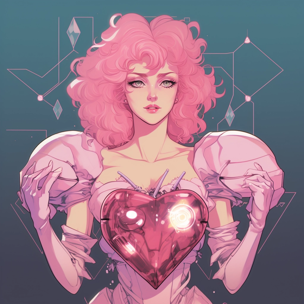 Synthetic heart in the style of 1990s retro anime