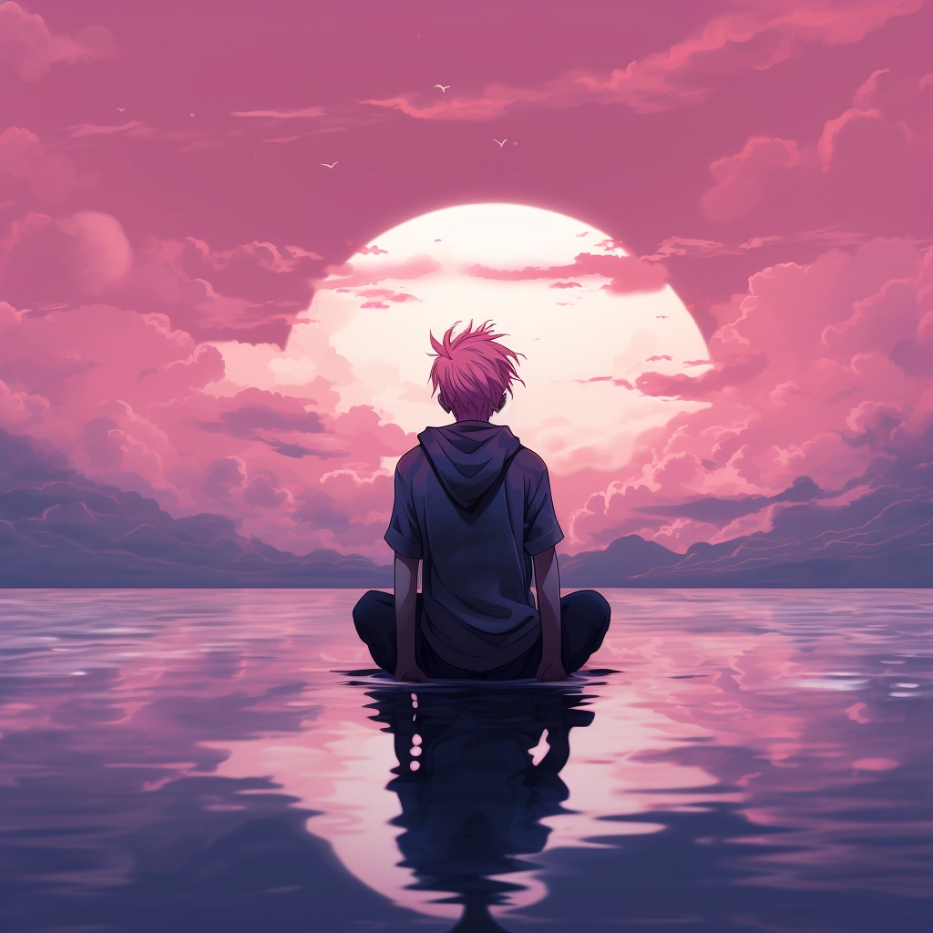A boy with pink hair sitting in the water with the s