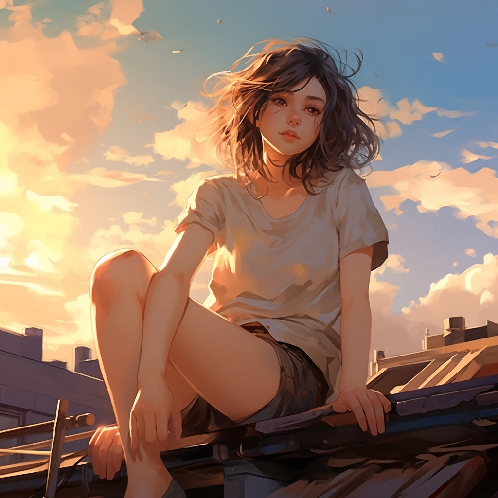An anime girl sitting on the rooftop in the style of