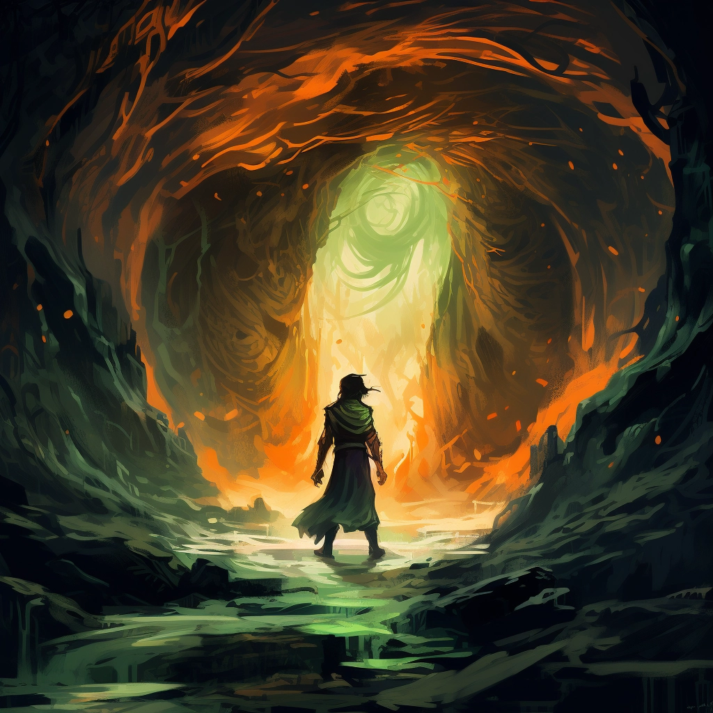 A figure in garb standing in a cave in the style of