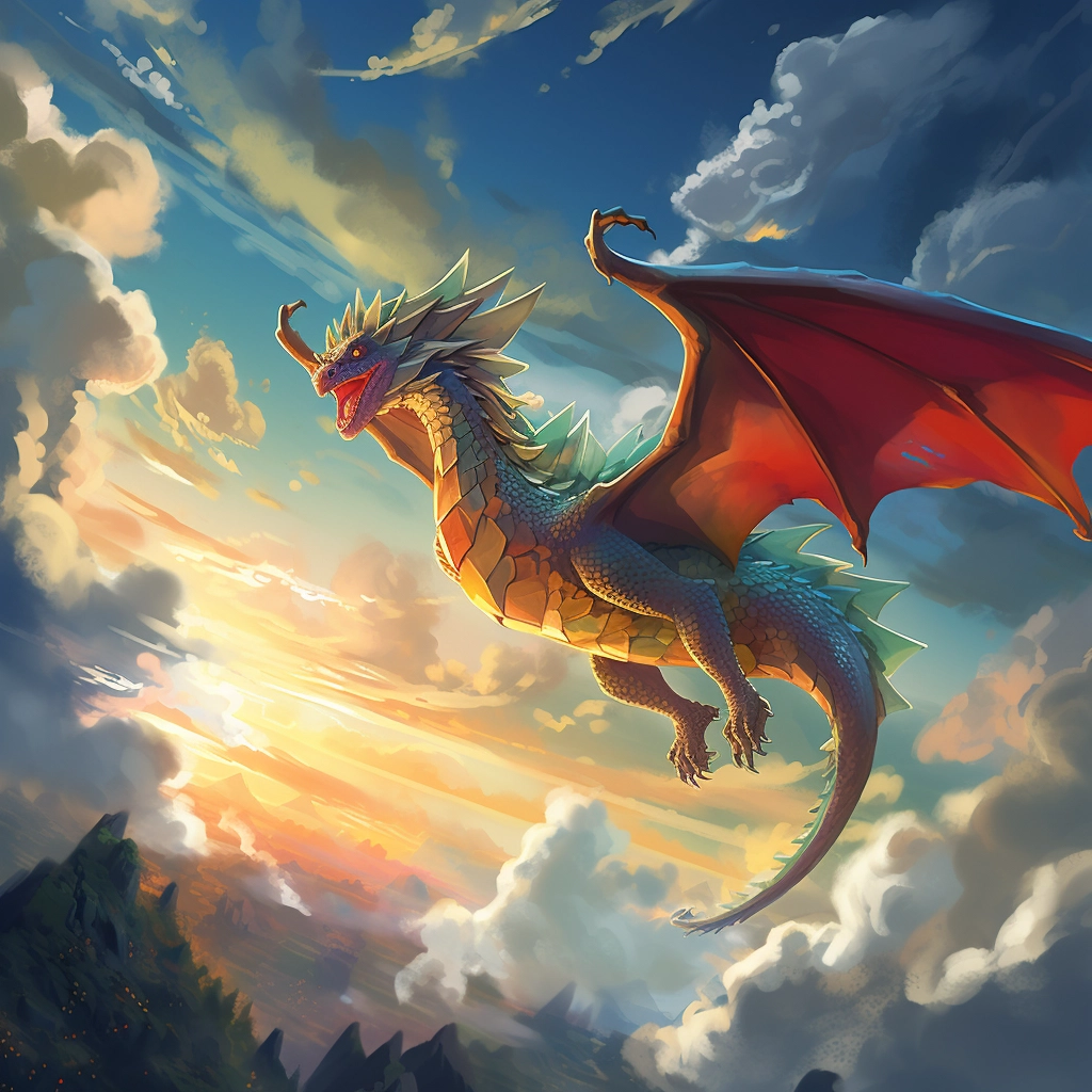 A beautiful illustration a dragon flying through the