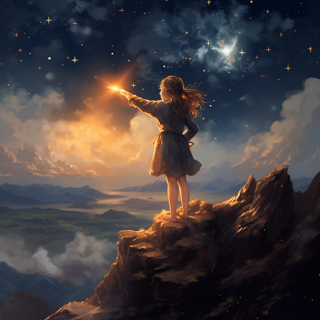 A girl pointing out stars as they down on her from t