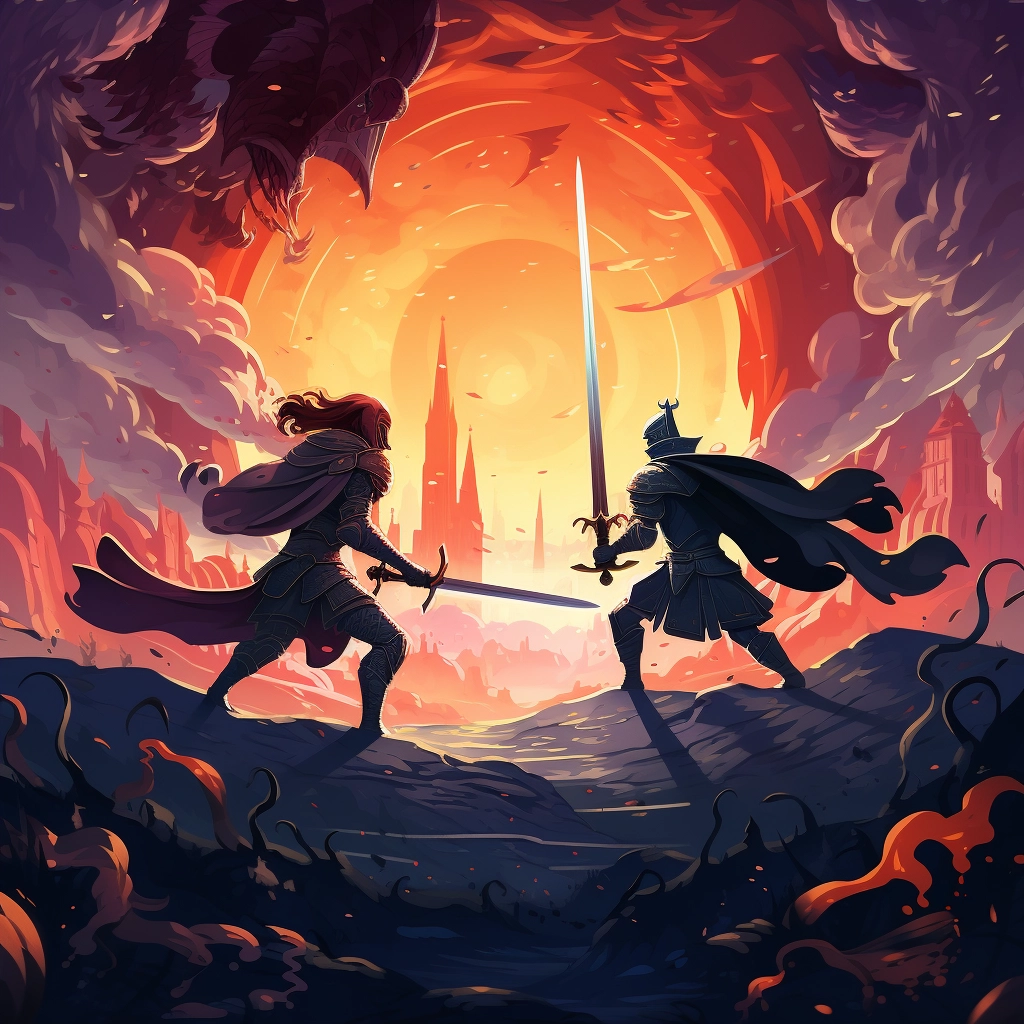 A beautiful illustration of two knights fighting dis