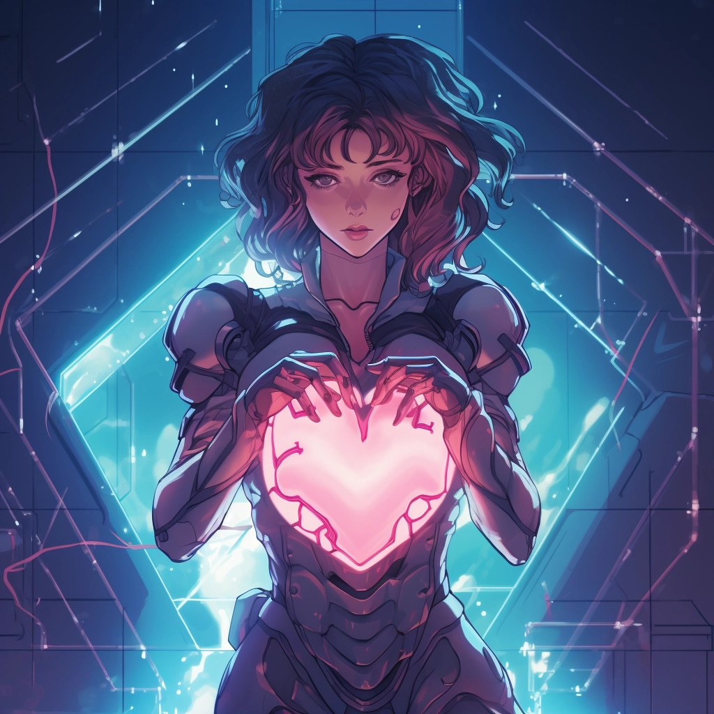 Synthetic heart in the style of 1990s retro anime