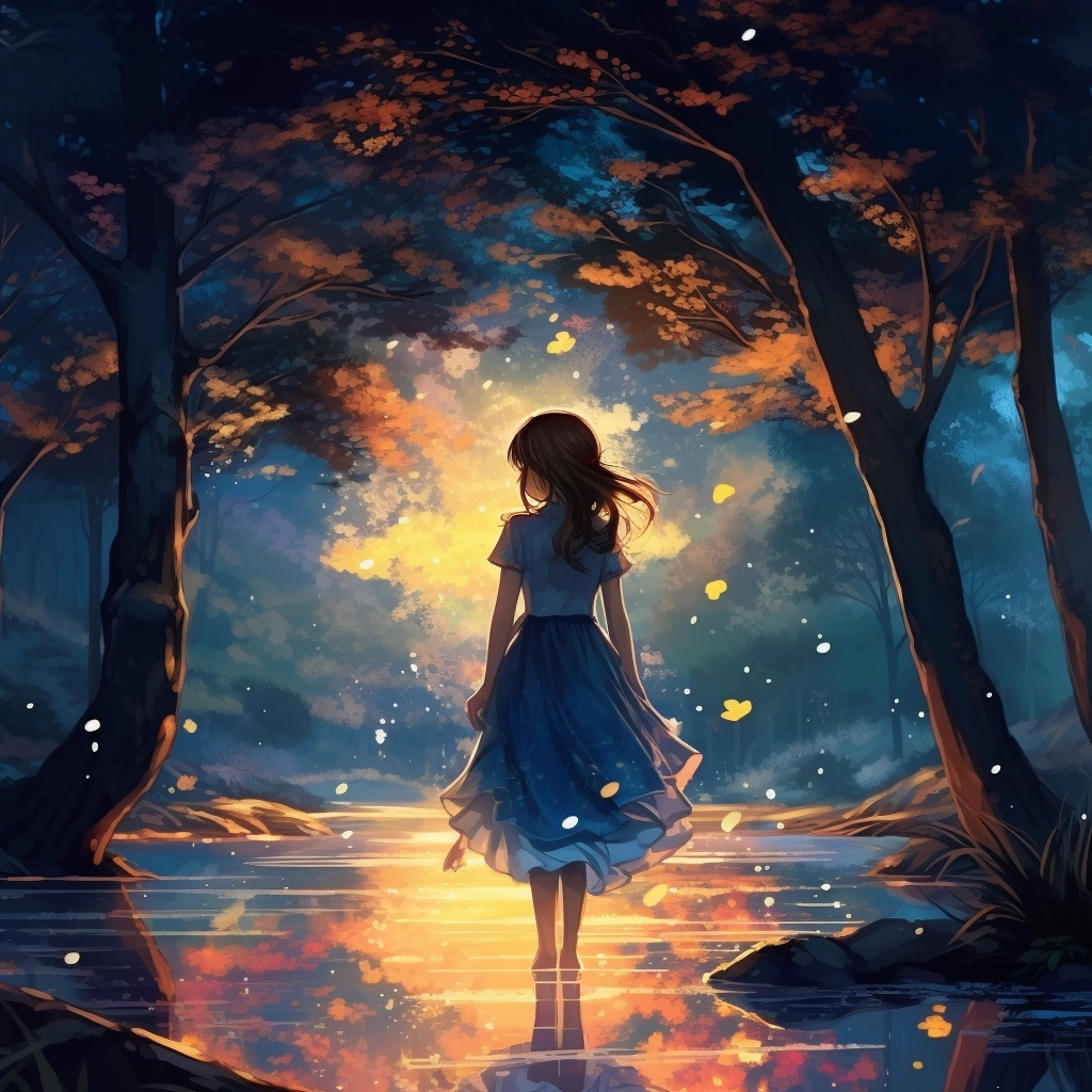 Anime girl with a dress standing in trees at sunset