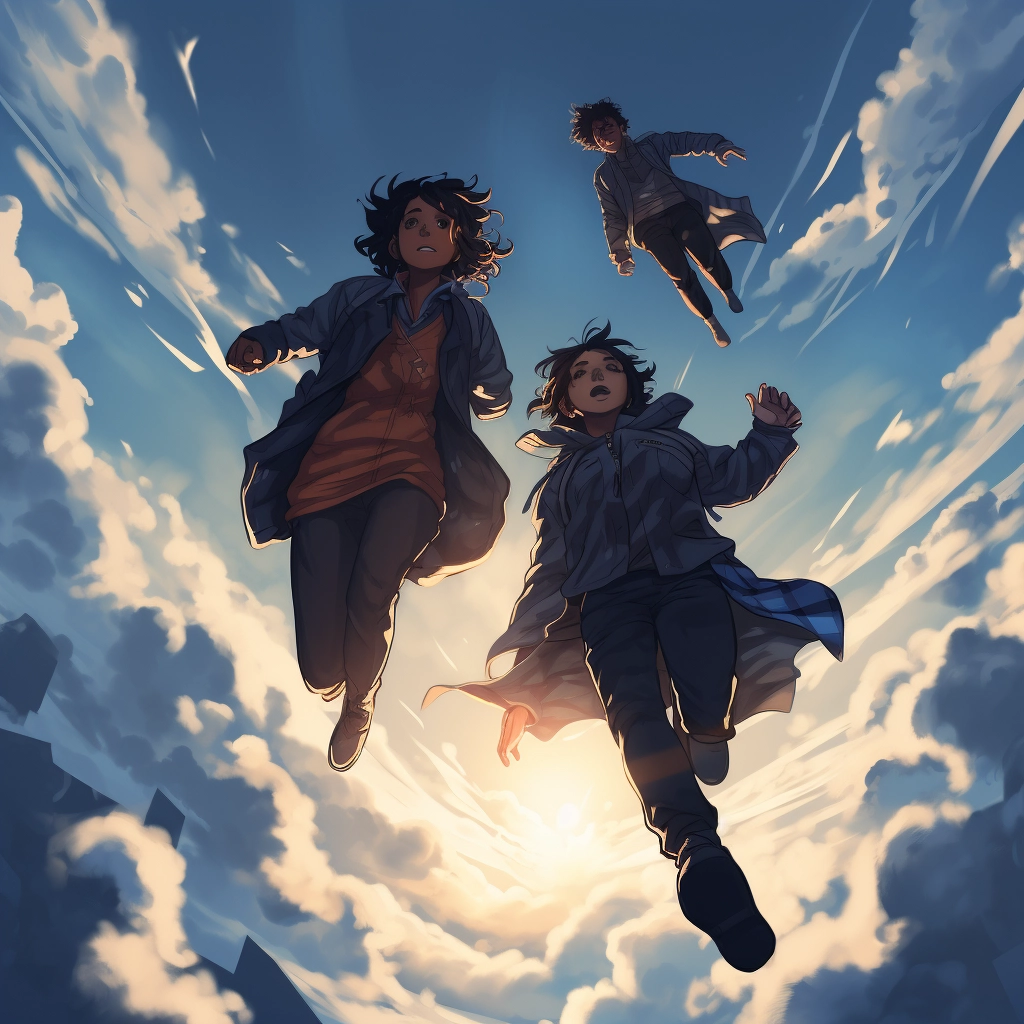 An illustration of a people flying through clouds in