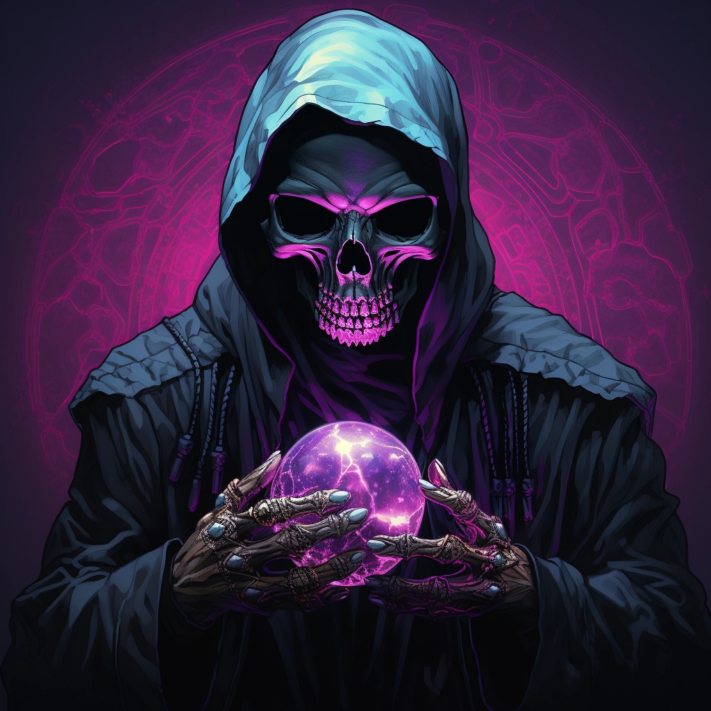 A skull wearing a black mask and holding something i