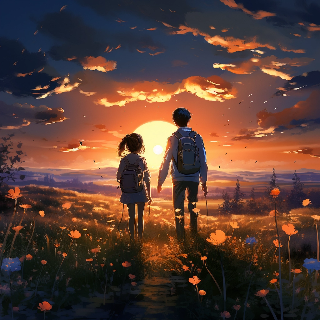 A girl and a boy standing on the path with flowers i