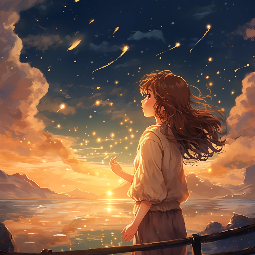 A girl pointing out stars as they down on her from t