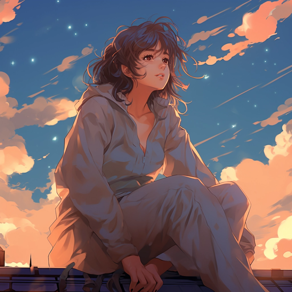 A woman sitting on a roof with some clouds in the ba