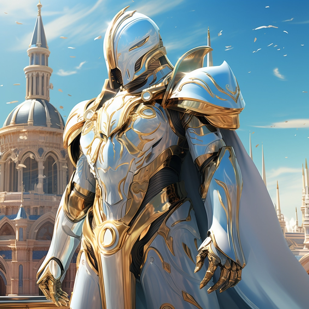 A computer generated image of an armor knight standi