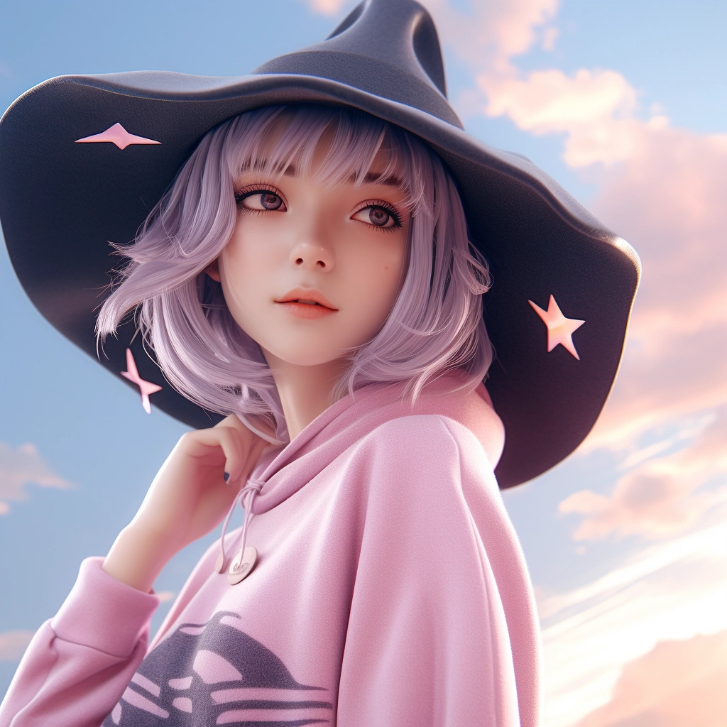 A young anime girl wearing a witch hat and a pink sw