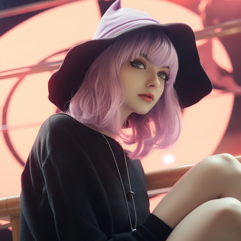 A young anime girl wearing a witch hat and a pink sw