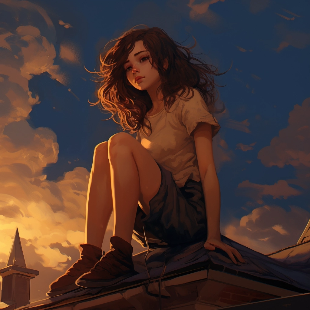 A woman sitting on a roof with some clouds in the ba