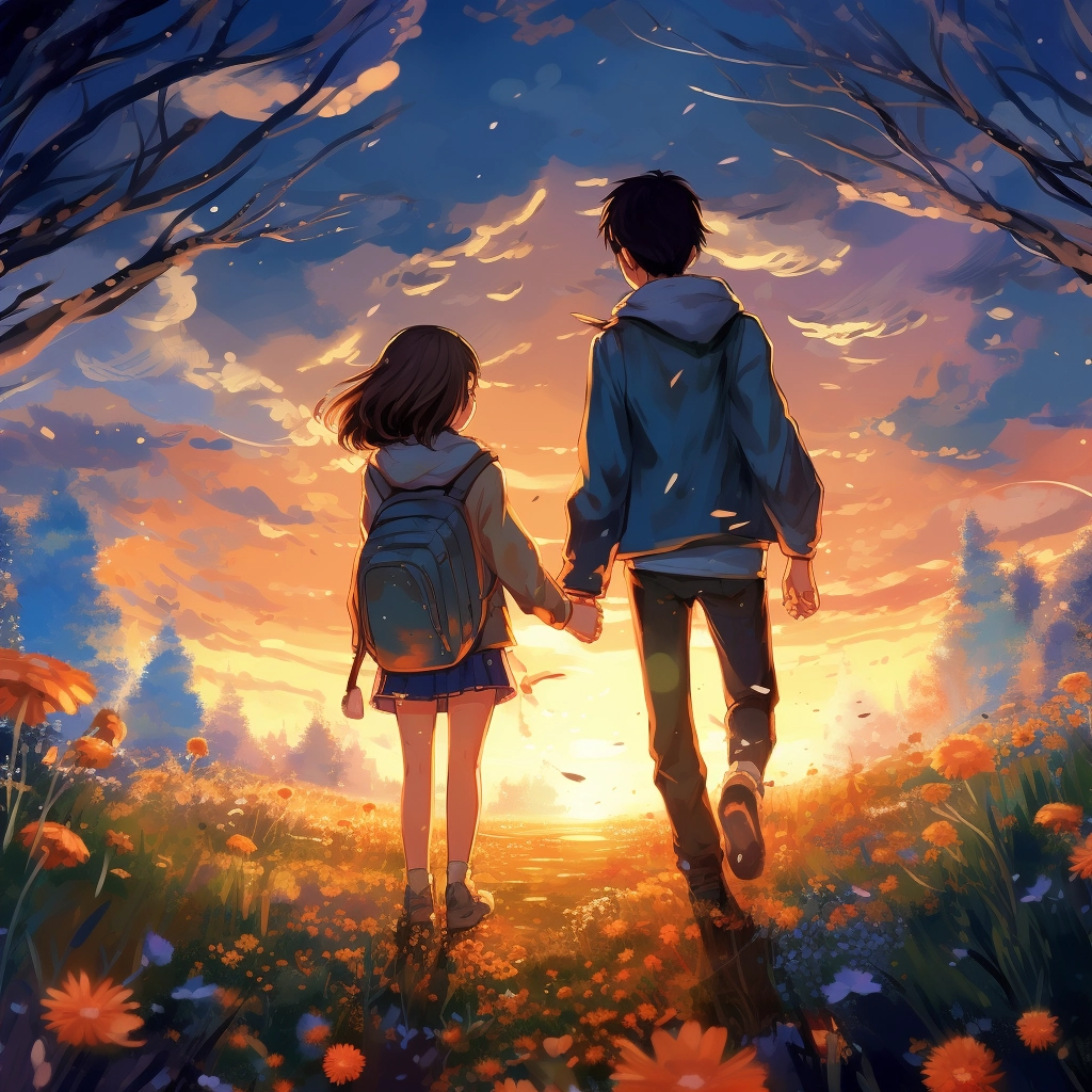 A girl and a boy standing on the path with flowers i