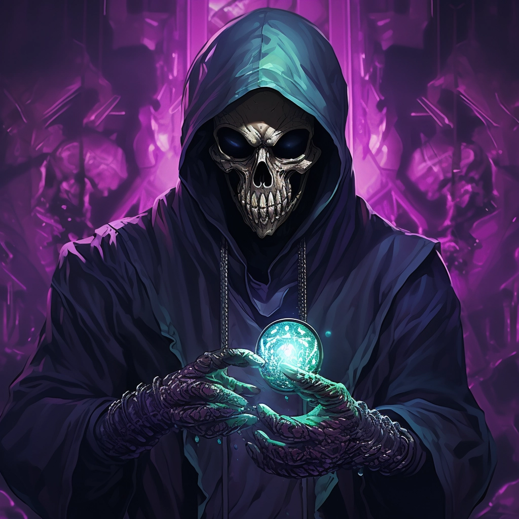 A skull wearing a black mask and holding something i
