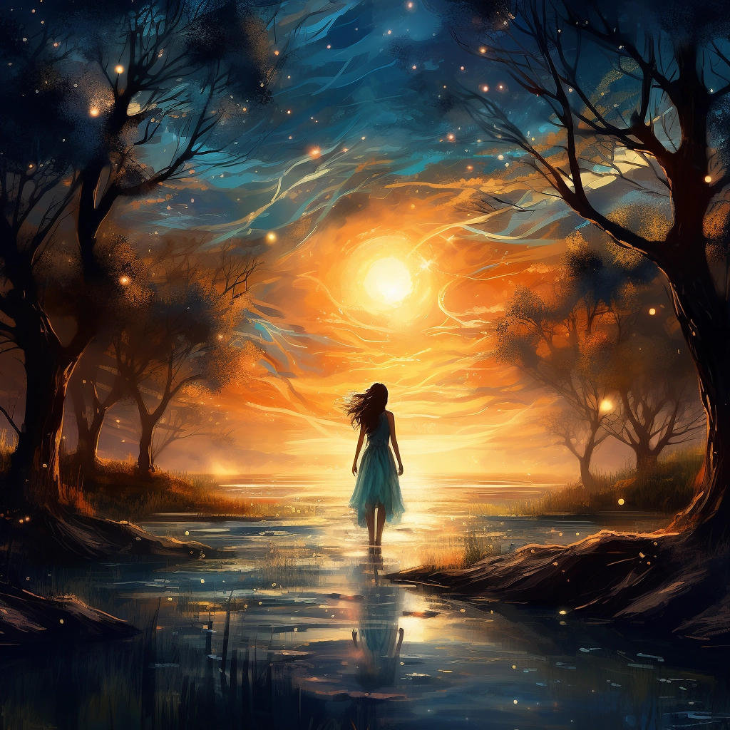 Anime girl with a dress standing in trees at sunset
