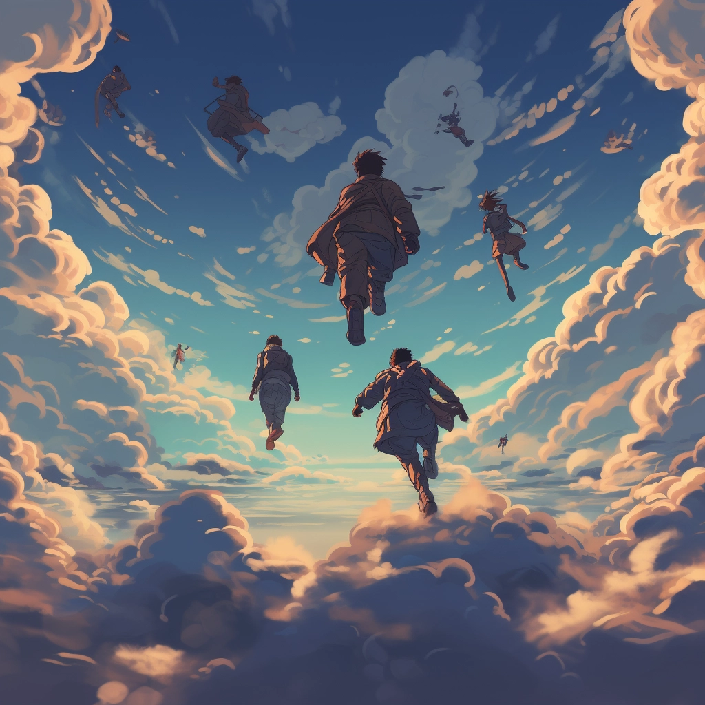 An illustration of a people flying through clouds in