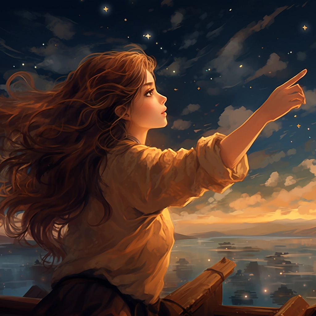 A girl pointing out stars as they down on her from t