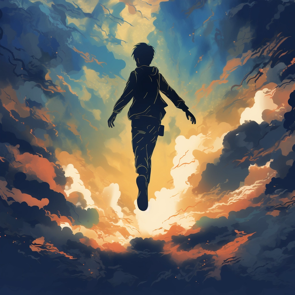 Silhouette of man flying under clouds in the style o