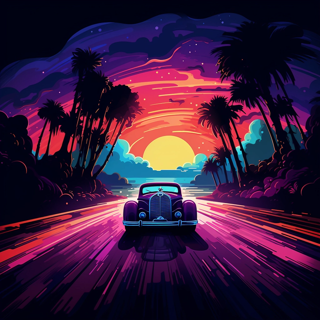 A beautiful illustration of a car driving at night d