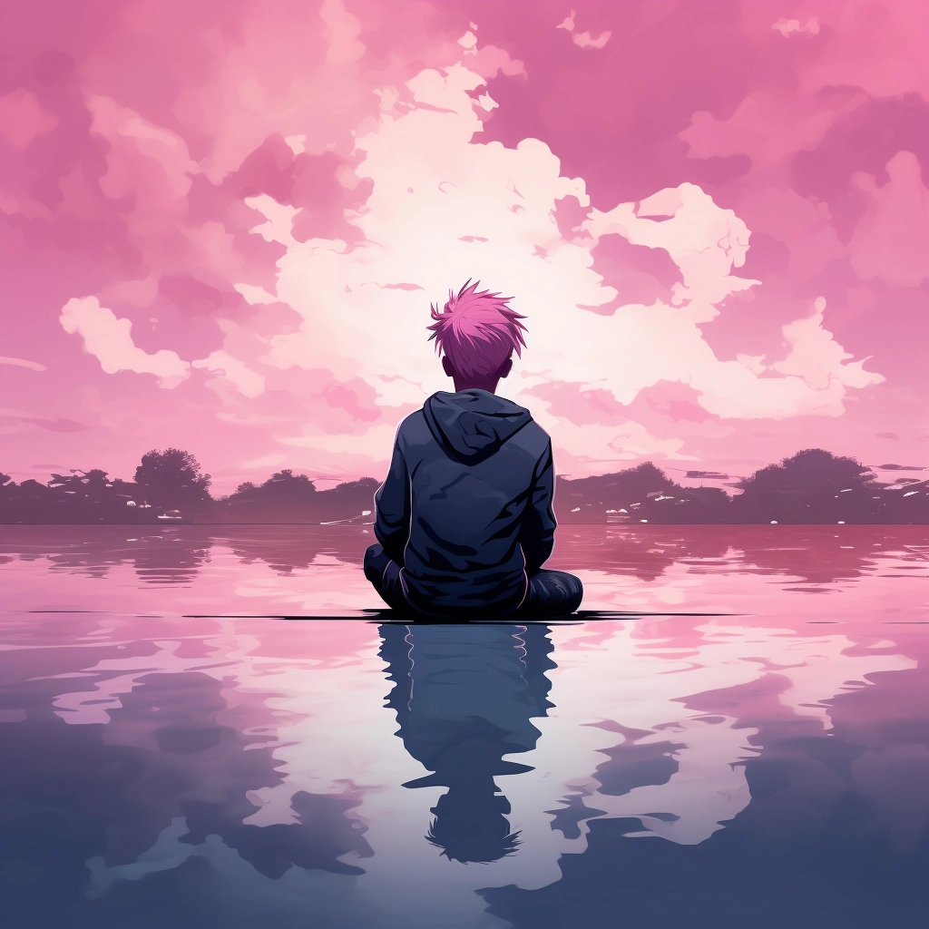 A boy with pink hair sitting in the water with the s