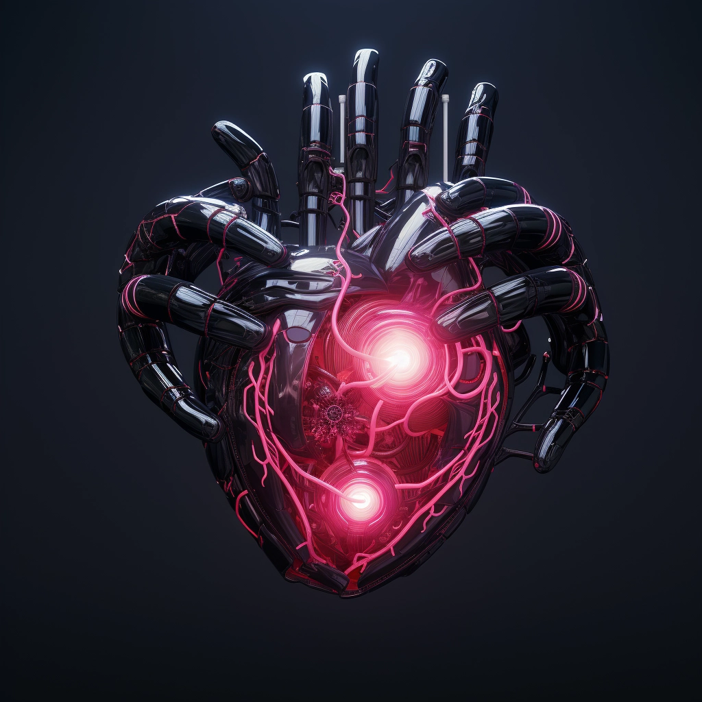 Synthetic heart being held in a robotic hand in the