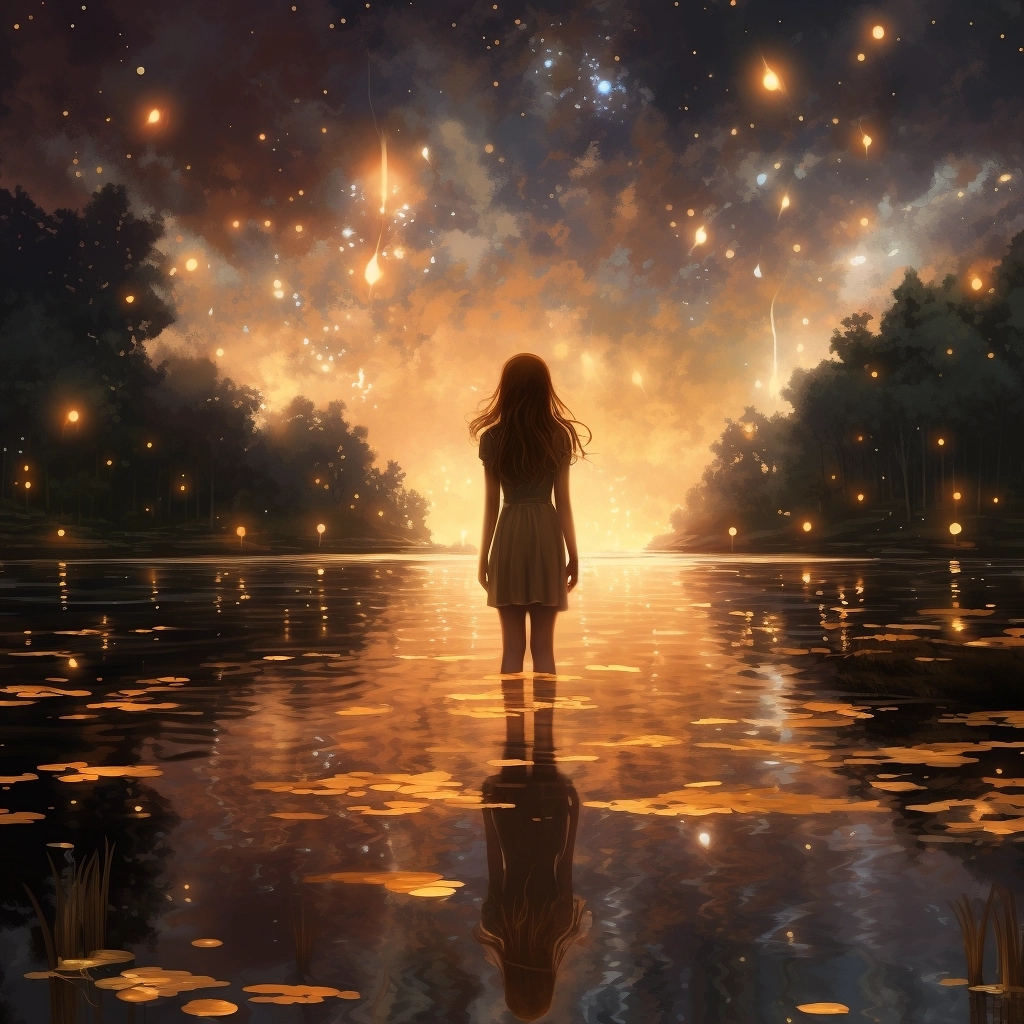 A girl standing at the edge of a lake with many star