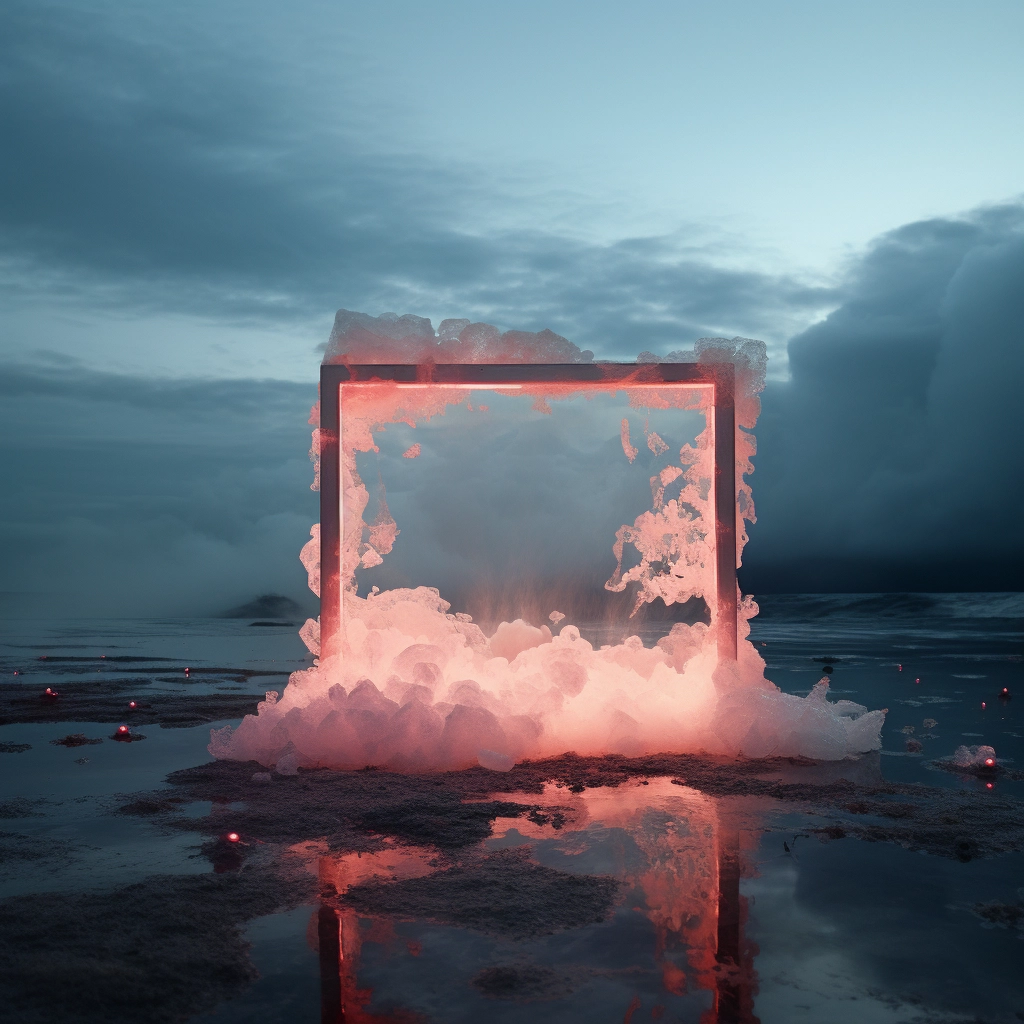 An underwater white sculpture with a frame and glowi