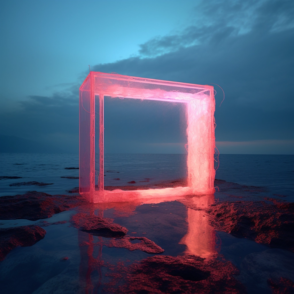 An underwater white sculpture with a frame and glowi