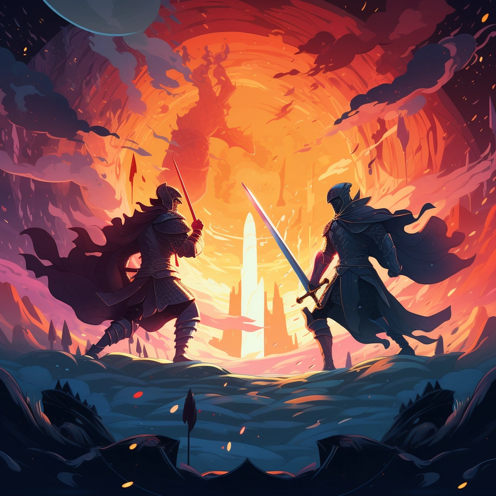 A beautiful illustration of two knights fighting dis