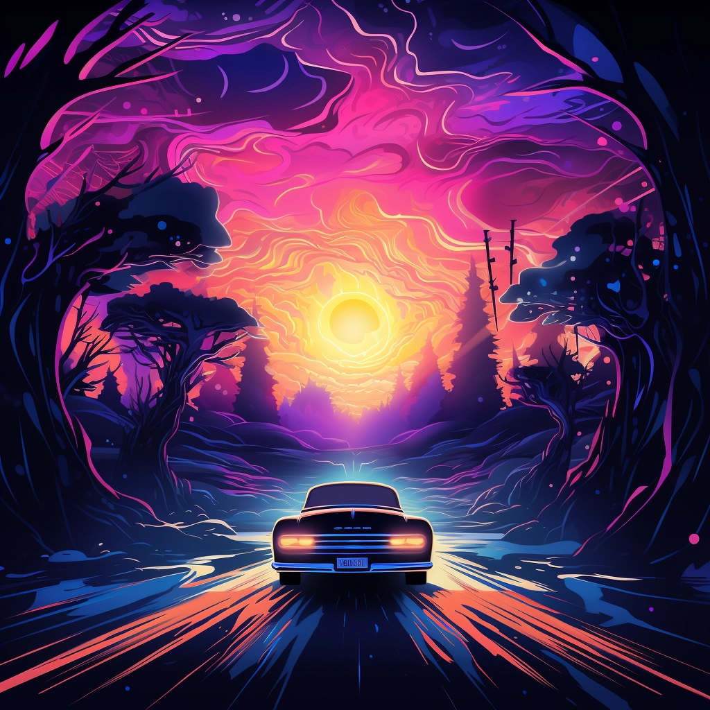 A beautiful illustration of a car driving at night d