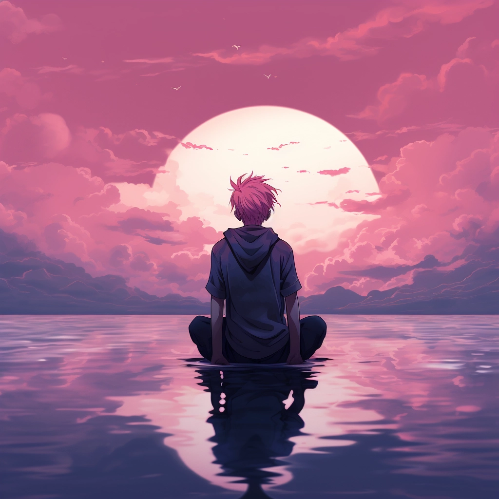 A boy with pink hair sitting in the water with the s