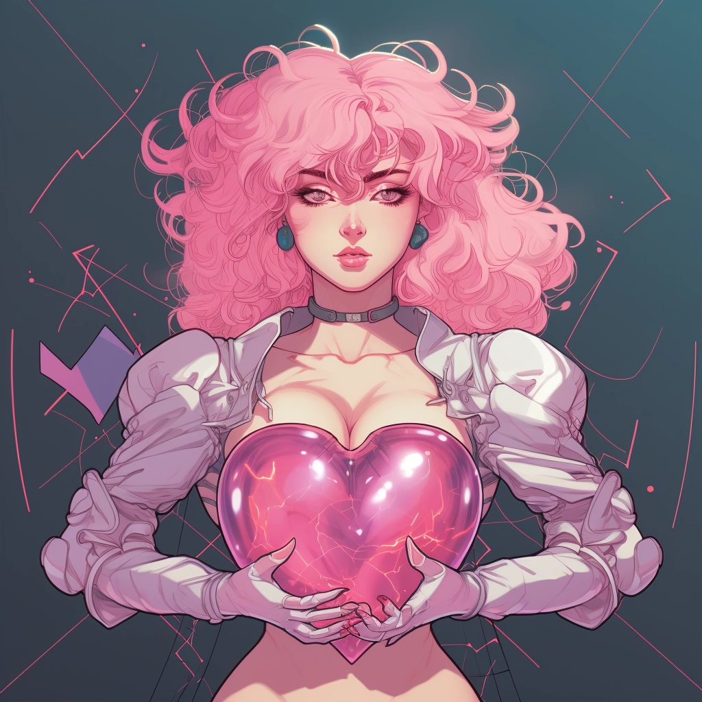 Synthetic heart in the style of 1990s retro anime