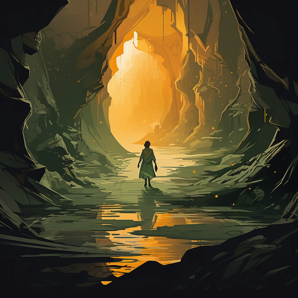 A figure in garb standing in a cave in the style of