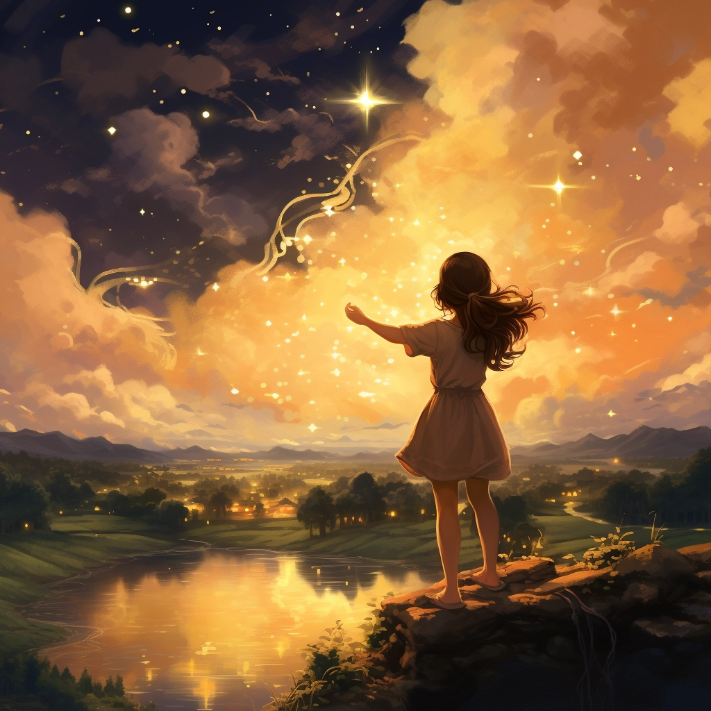 A girl pointing out stars as they down on her from t