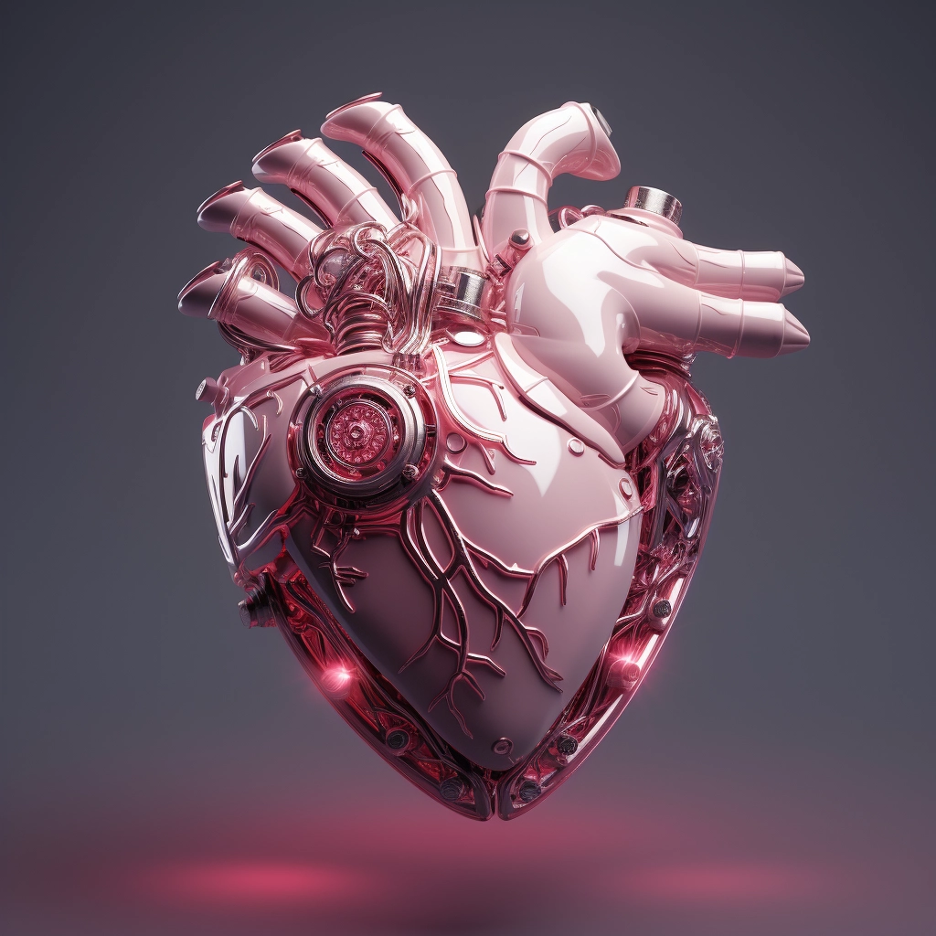 Synthetic heart being held in a robotic hand in the
