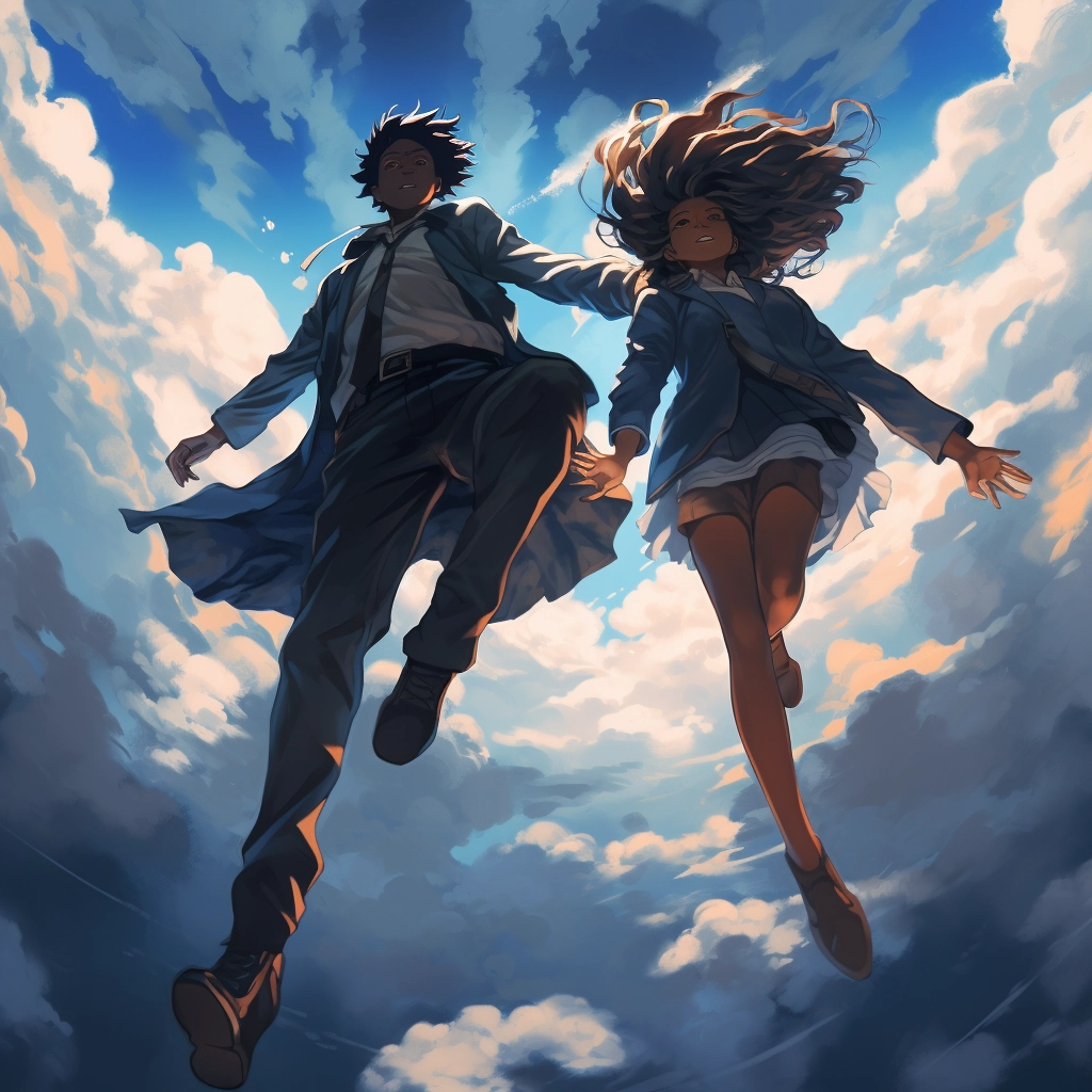 An illustration of a people flying through clouds in