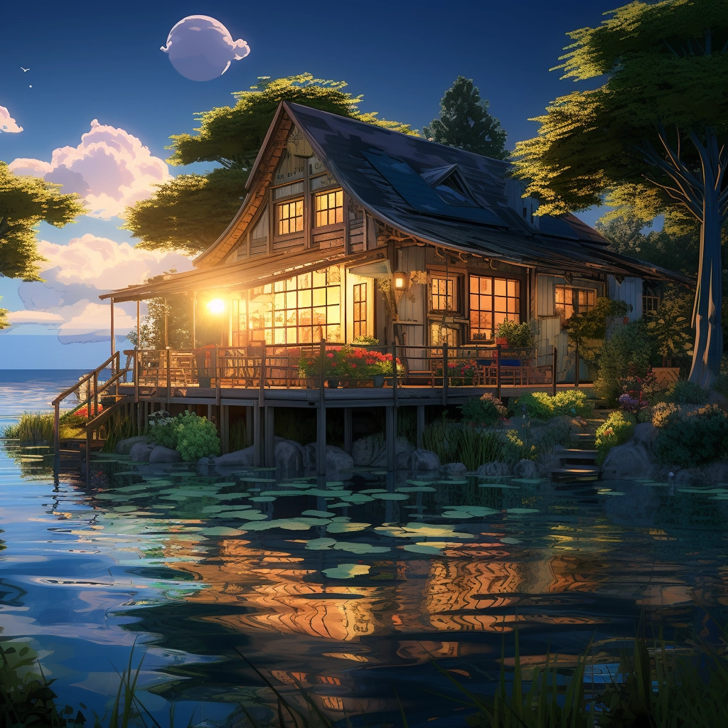 Anime lakehouse reflecting off of water HDR beautifu