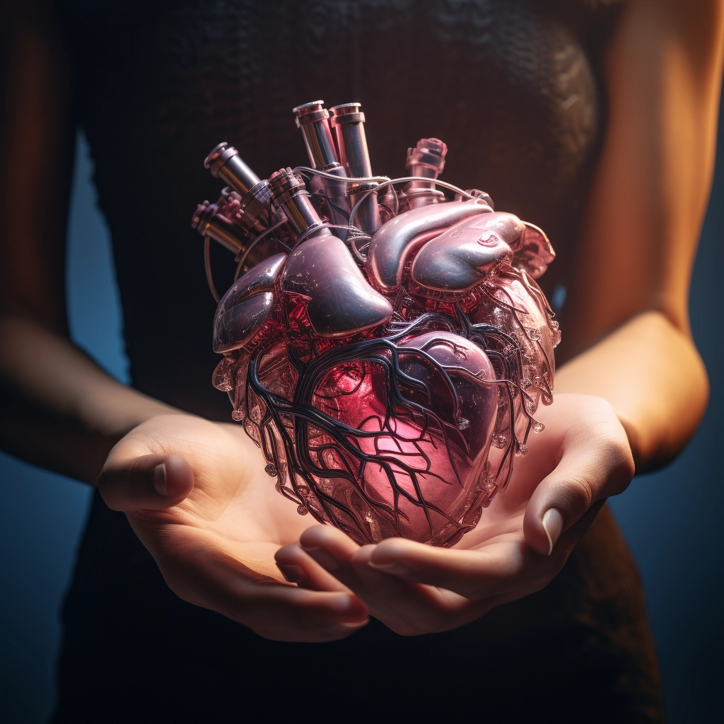 Synthetic heart being held in a robotic hand