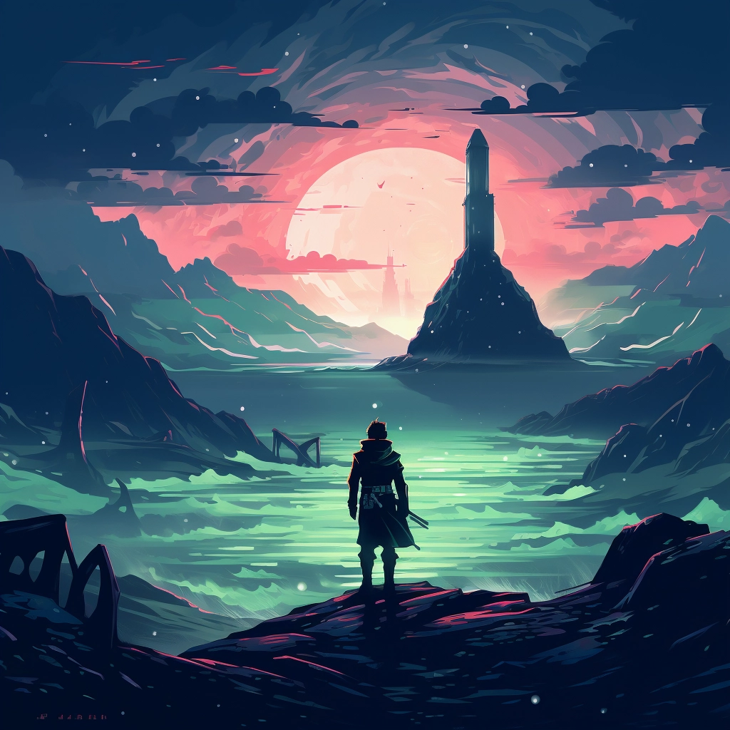 A man stands alone looking at a lighthouse with moun
