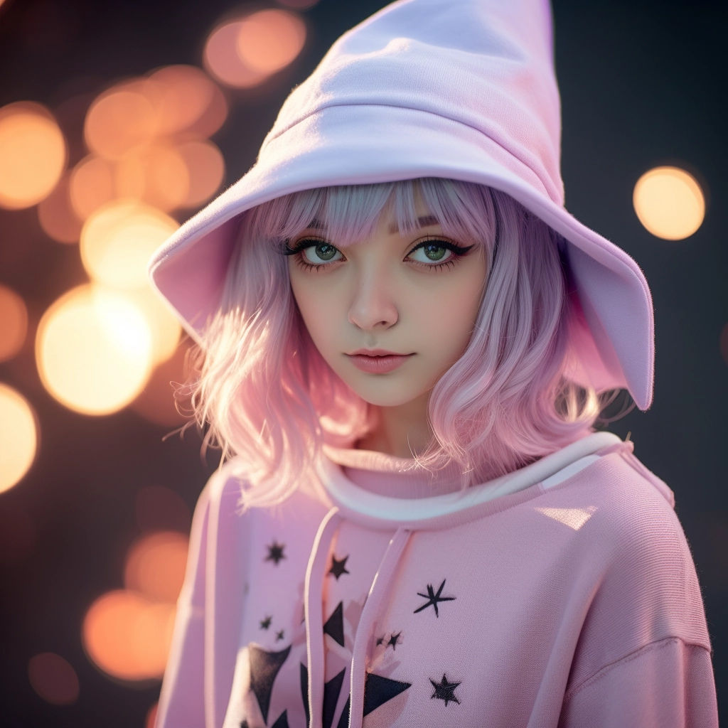 A young anime girl wearing a witch hat and a pink sw