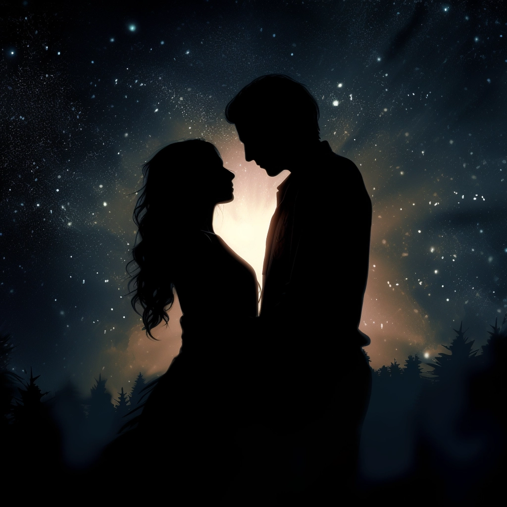 Shadow of a man and woman hugging a night sky styliz