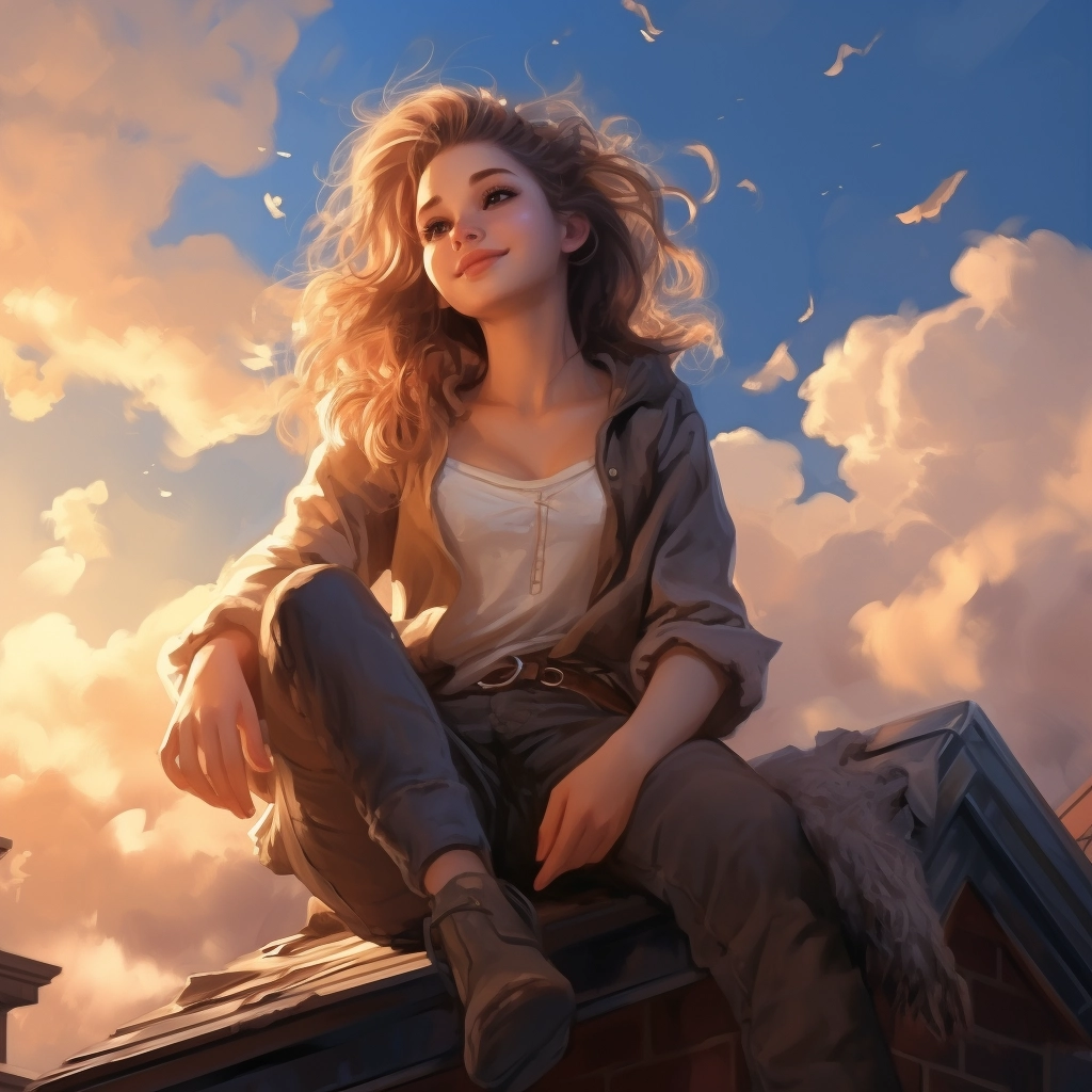 A woman sitting on a roof with some clouds in the ba