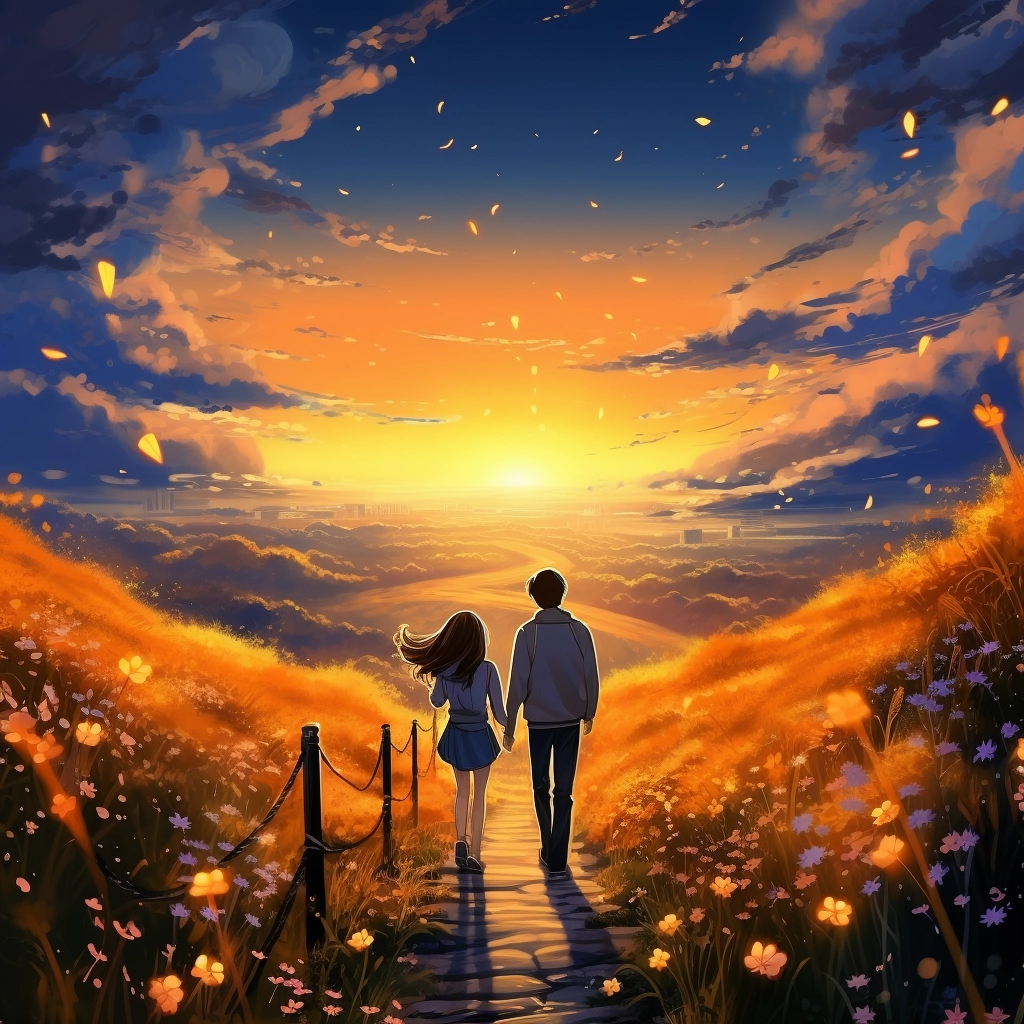 A girl and a boy standing on the path with flowers i