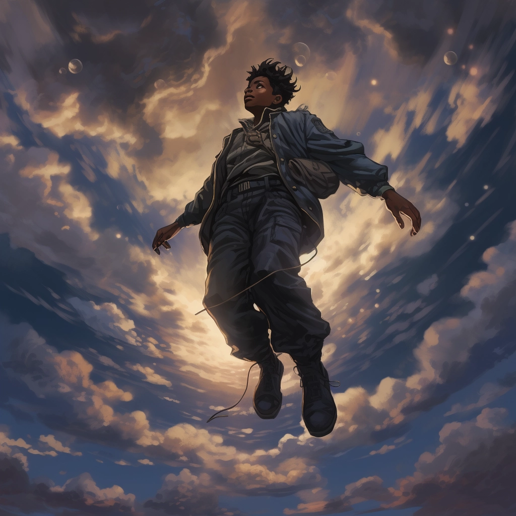 An illustration of a people flying through clouds in