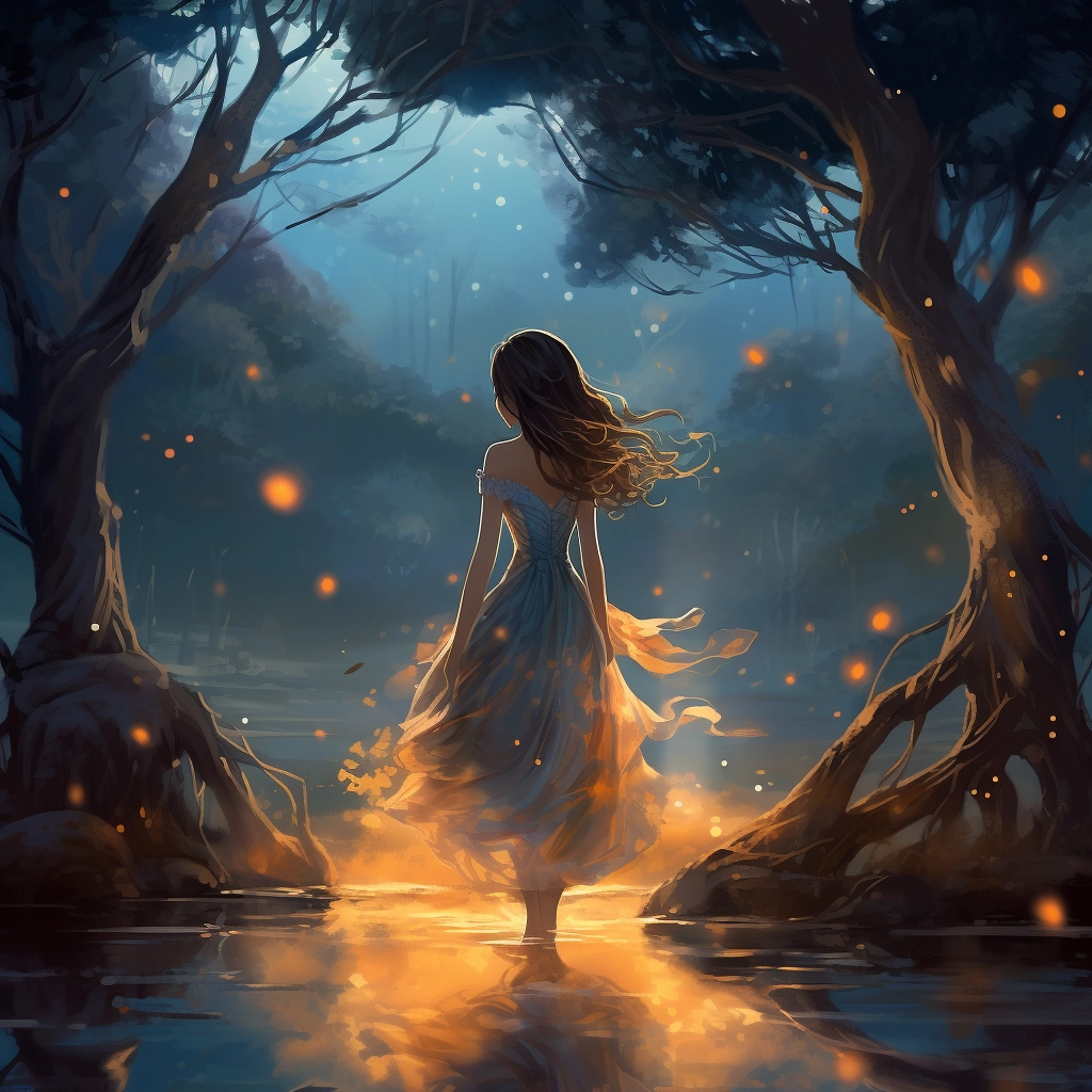 Anime girl with a dress standing in trees at sunset