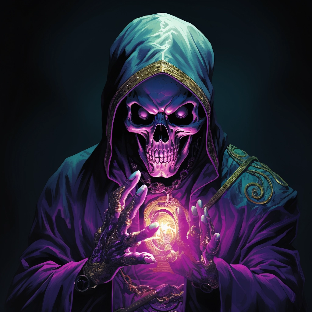 A skull wearing a black mask and holding something i