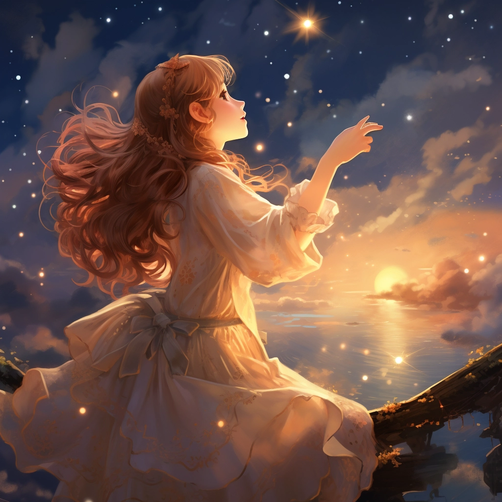 A girl pointing out stars as they down on her from t