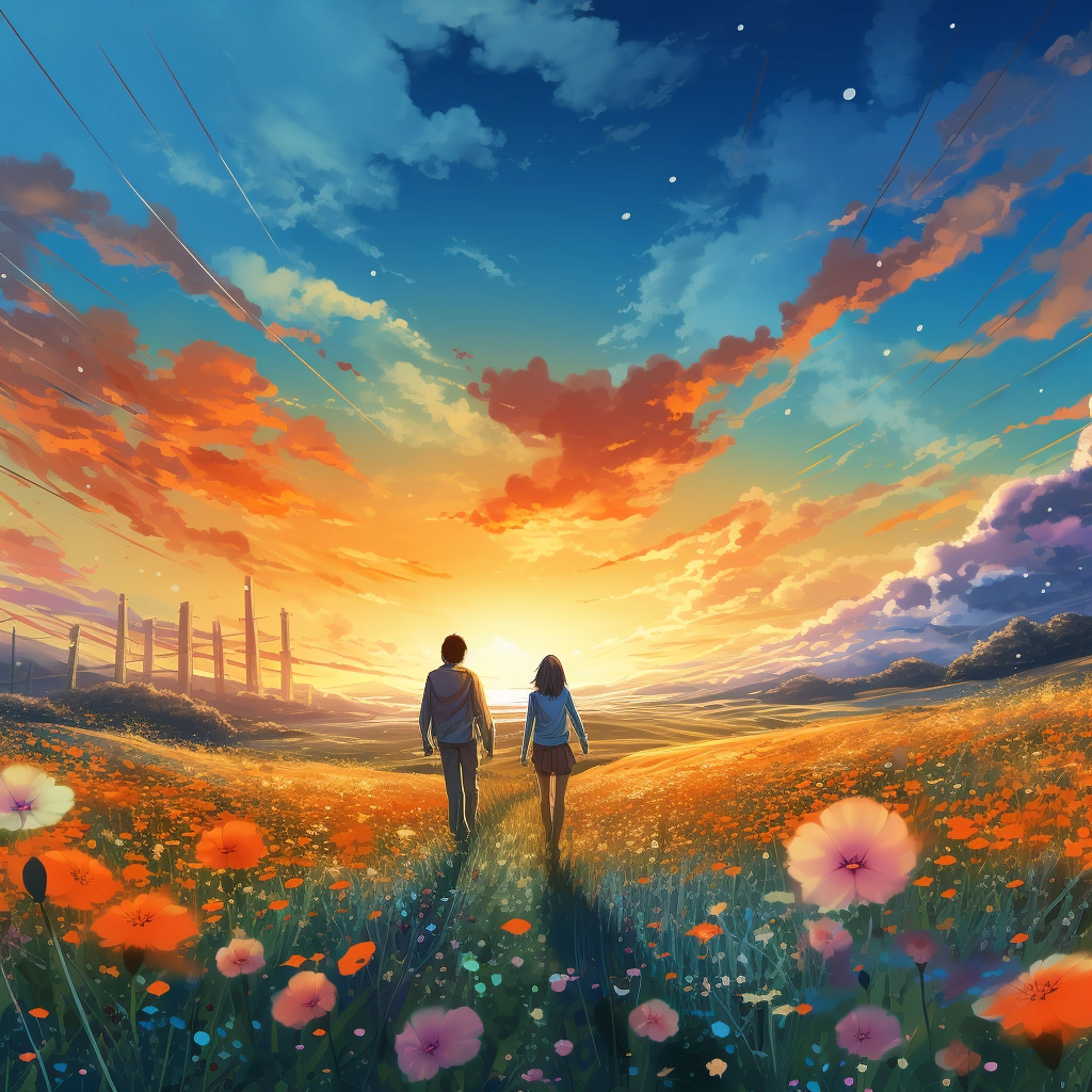 A man and woman walking through a field with flowers